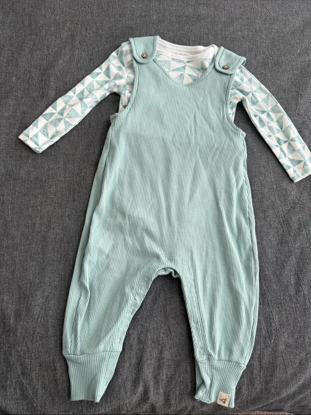 Burt’s Bees Baby -  Mint Ribbed Baby Romper with Geometric L/S  Bodysuit